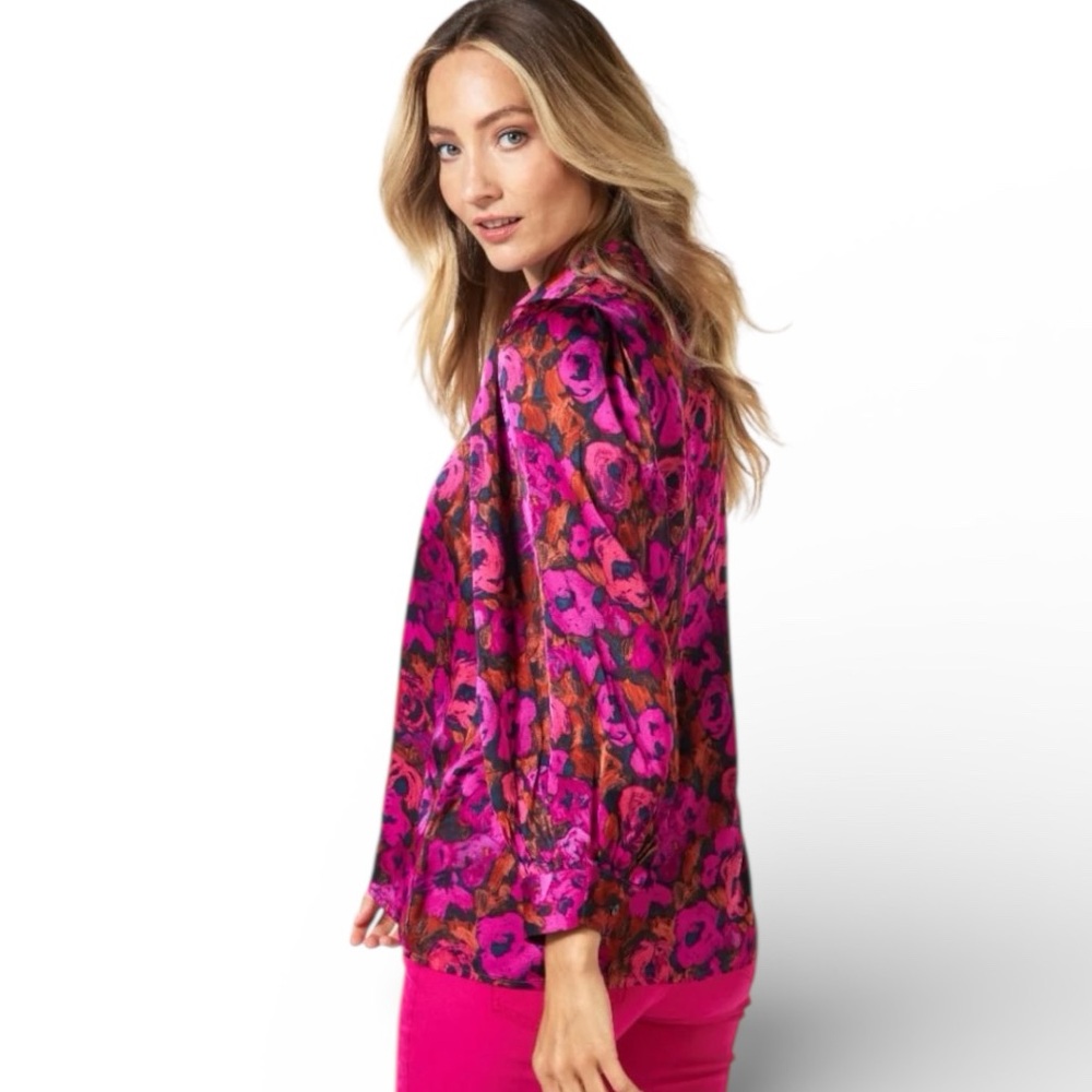 Esqualo Satin Floral Blouse Magenta Pink Coral Size 8